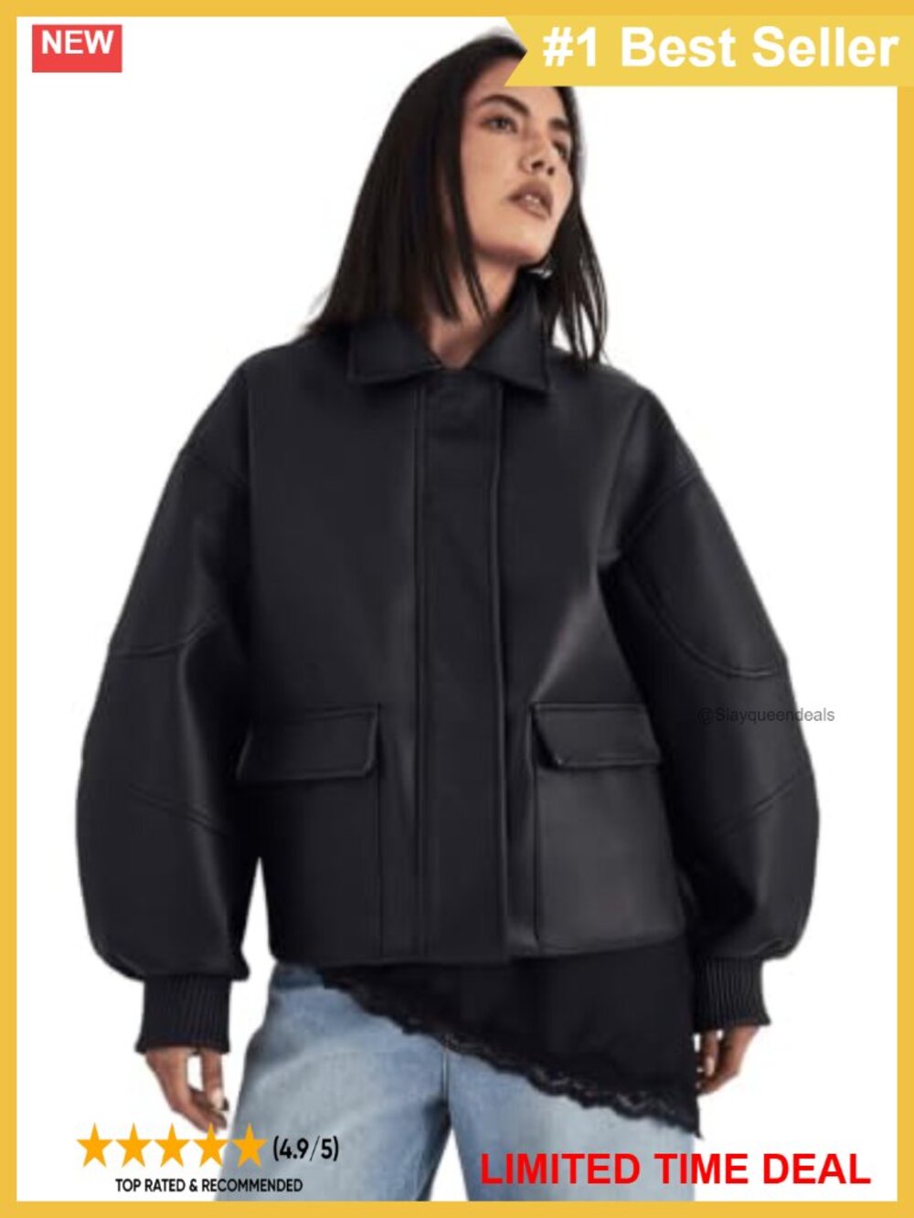 Oversized Longline Faux Leather Bomber Jacket Wide Collar Women's Coat